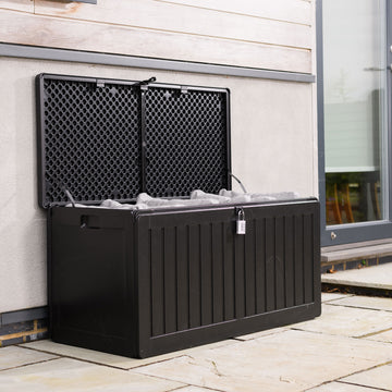 Olsen & Smith 270L Sit-On Outdoor Garden Storage Box Shed With Padlock - Weatherproof with Wood Effect Chest (270 Litre, Black)